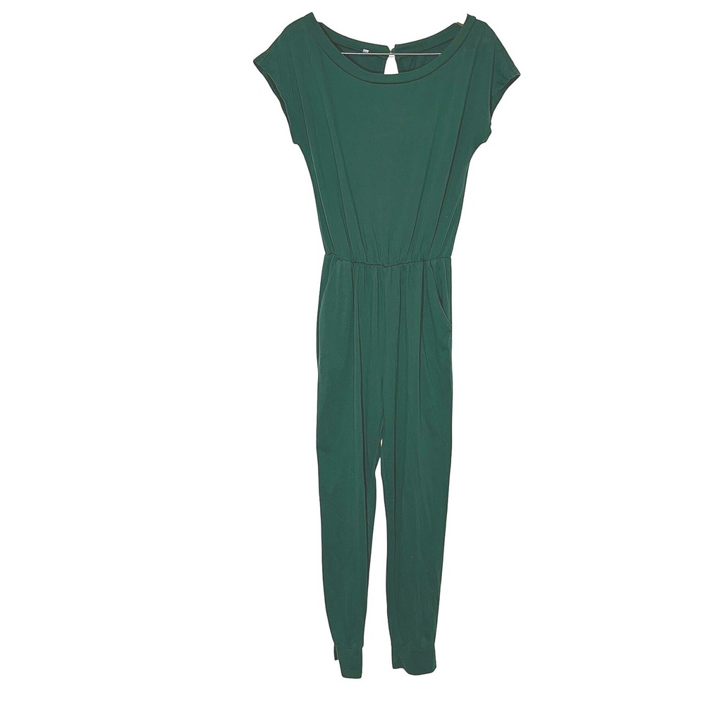 Green Short Sleeve Jumpsuit‎ Womens Medium Stretchy Waist Pockets Keyhole Back